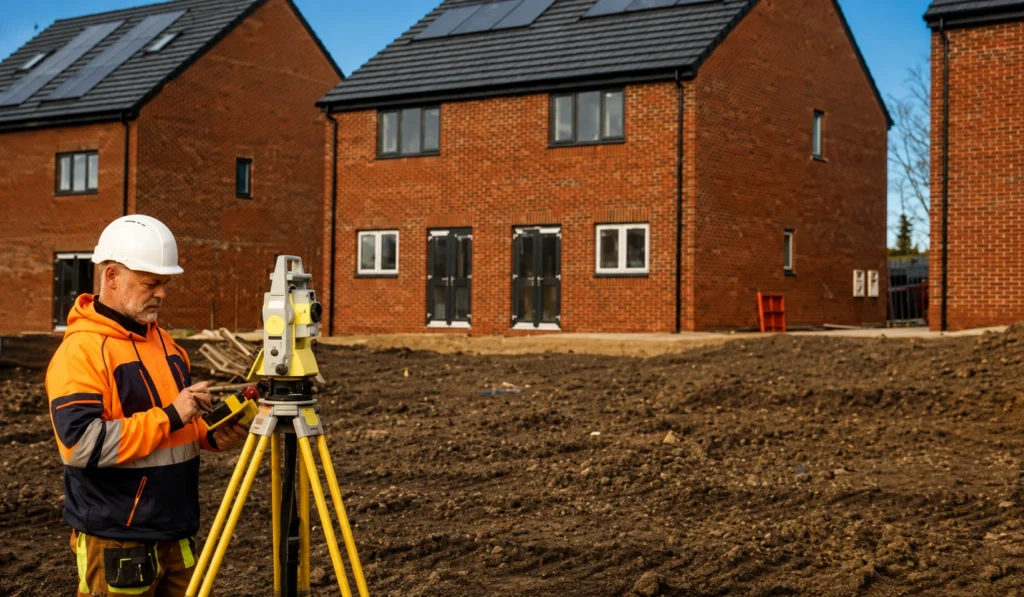 Building Surveyors in a high-visibility orange jacket and hard hat operating a total station on a construction site with new brick houses in the background.