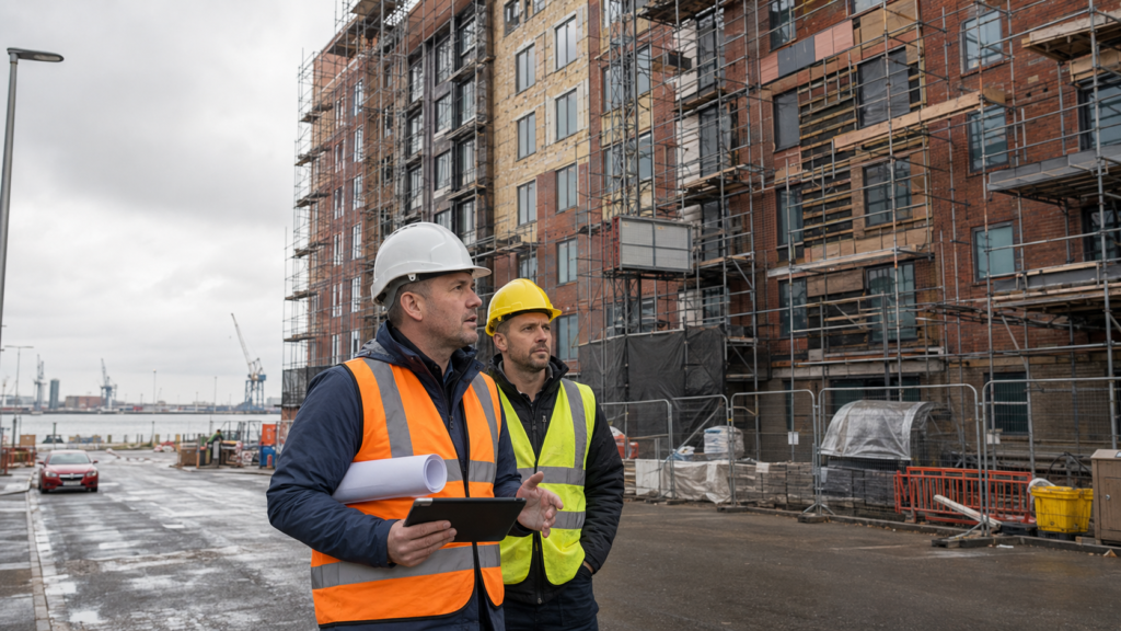 Employers agent reviewing a design and build contract on a Liverpool residential block site