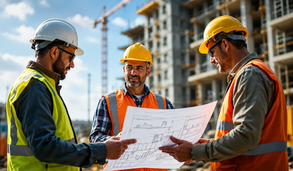 Commercial Building Surveyor reviewing construction plans on-site