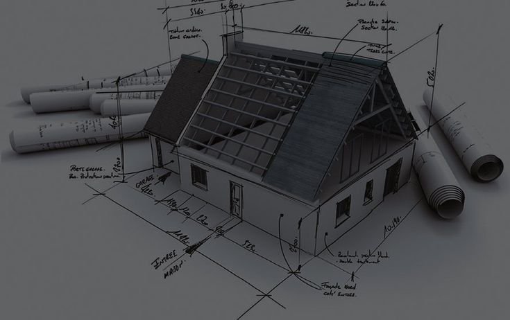 Architectural house model with detailed roof measurements and survey drawings illustrating a building survey and property inspection.