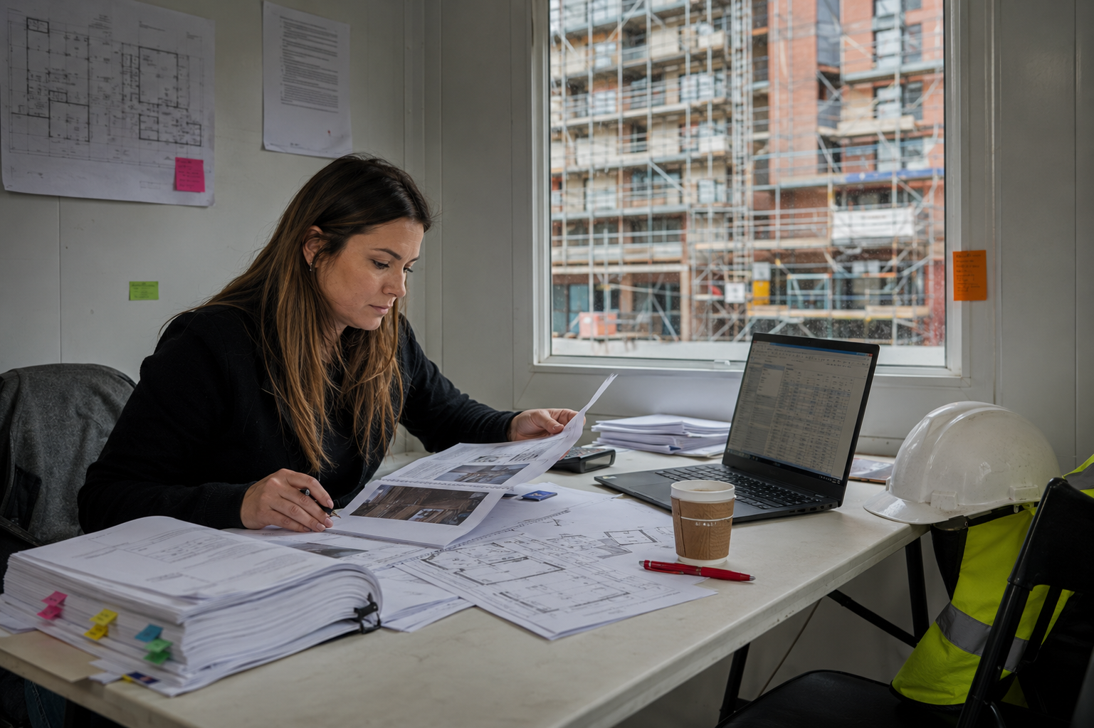 Employers agent checking a contractor's payment application against site progress in a Liverpool site office