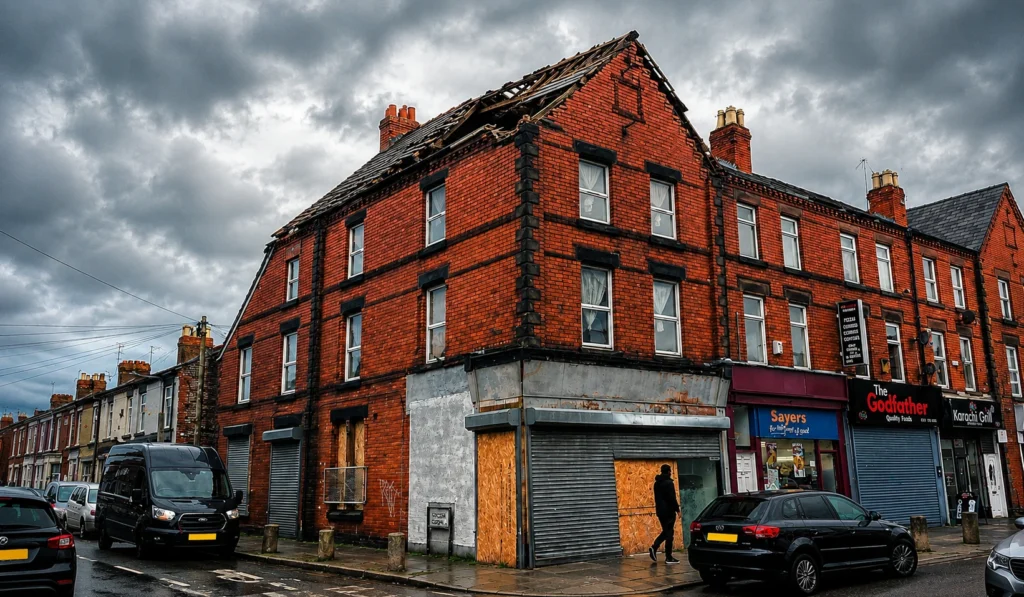 Housing Disrepair Liverpool – damaged roof and boarded-up shopfront on a terraced building