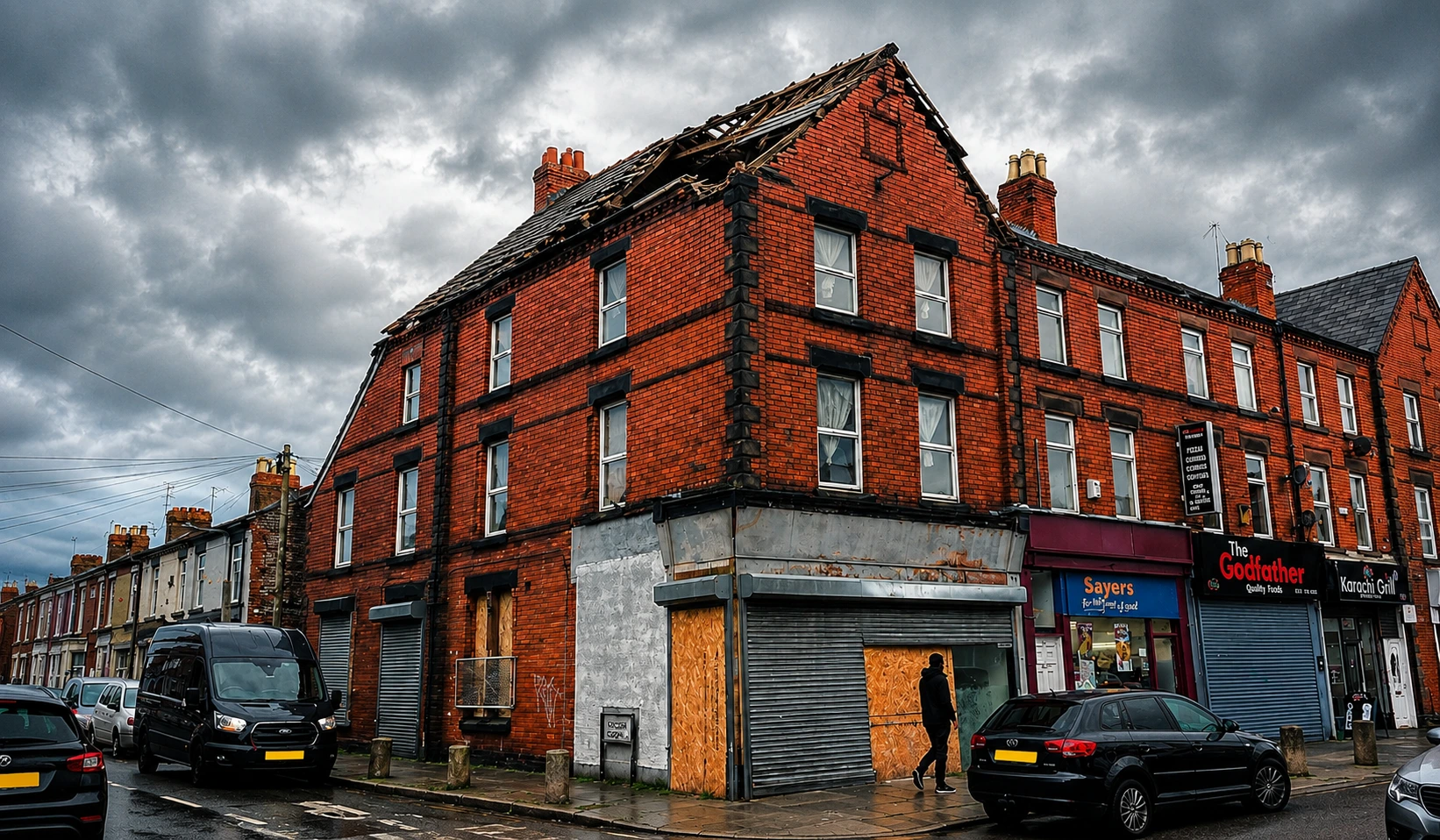 Housing Disrepair Liverpool – damaged roof and boarded-up shopfront on a terraced building