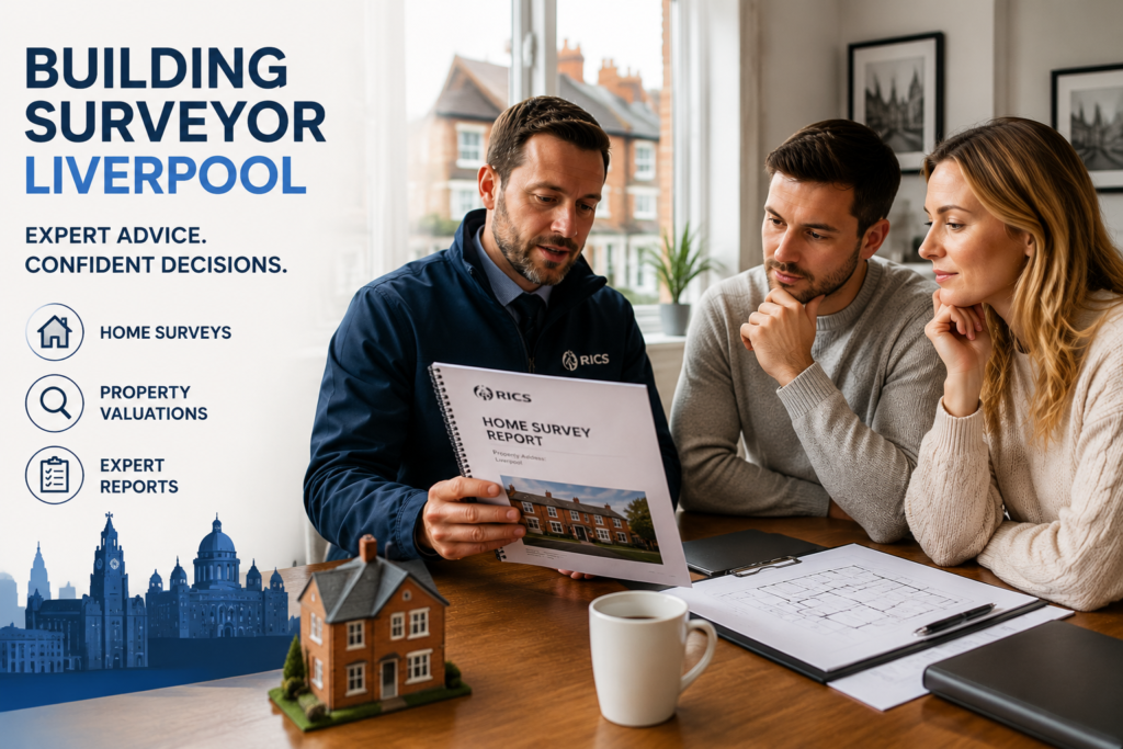 : Building surveyor Liverpool reviewing a home survey report with clients during a professional property inspection and valuation consultation.