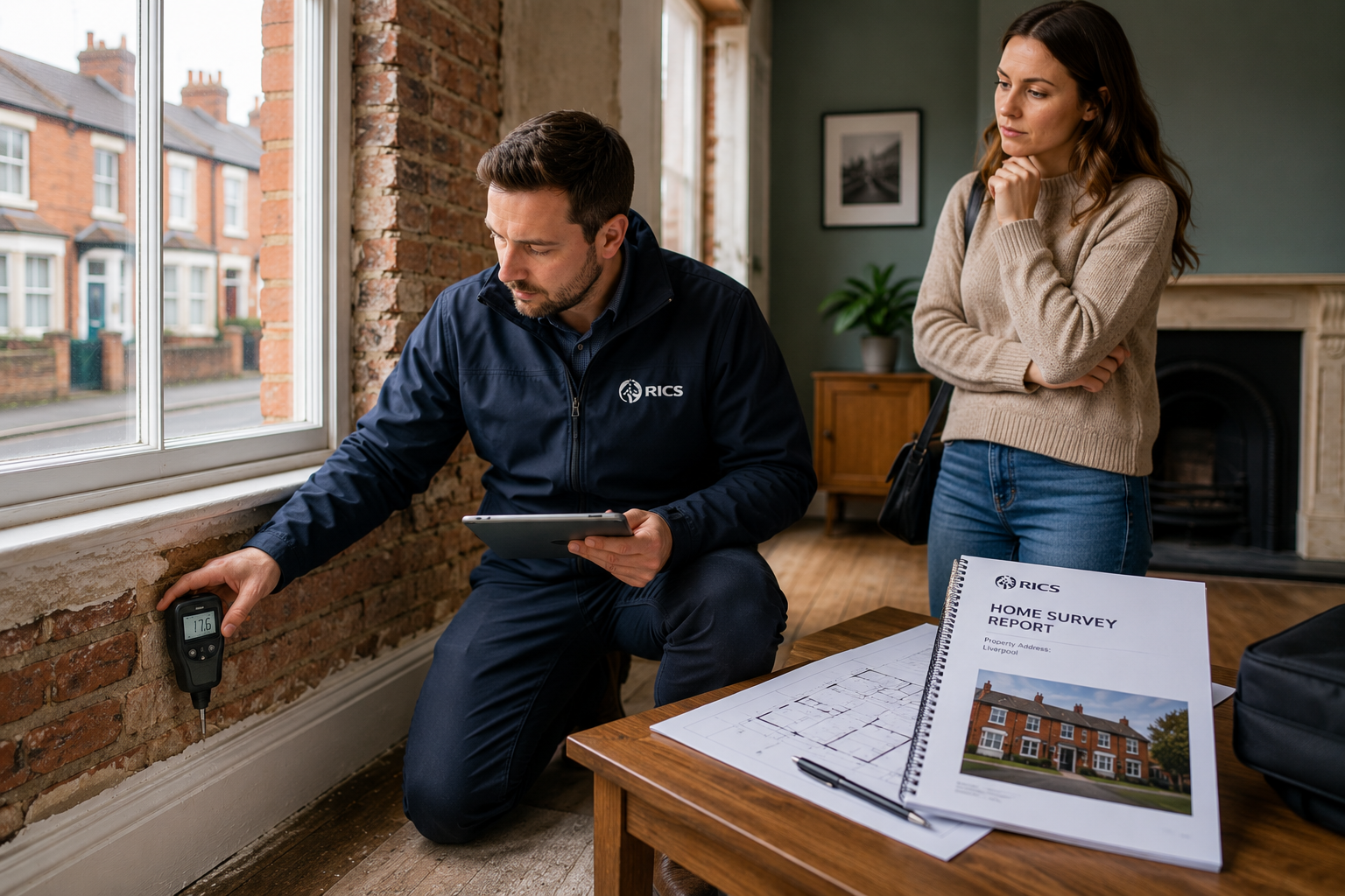 Liverpool surveyor using a damp meter on a Victorian terrace wall