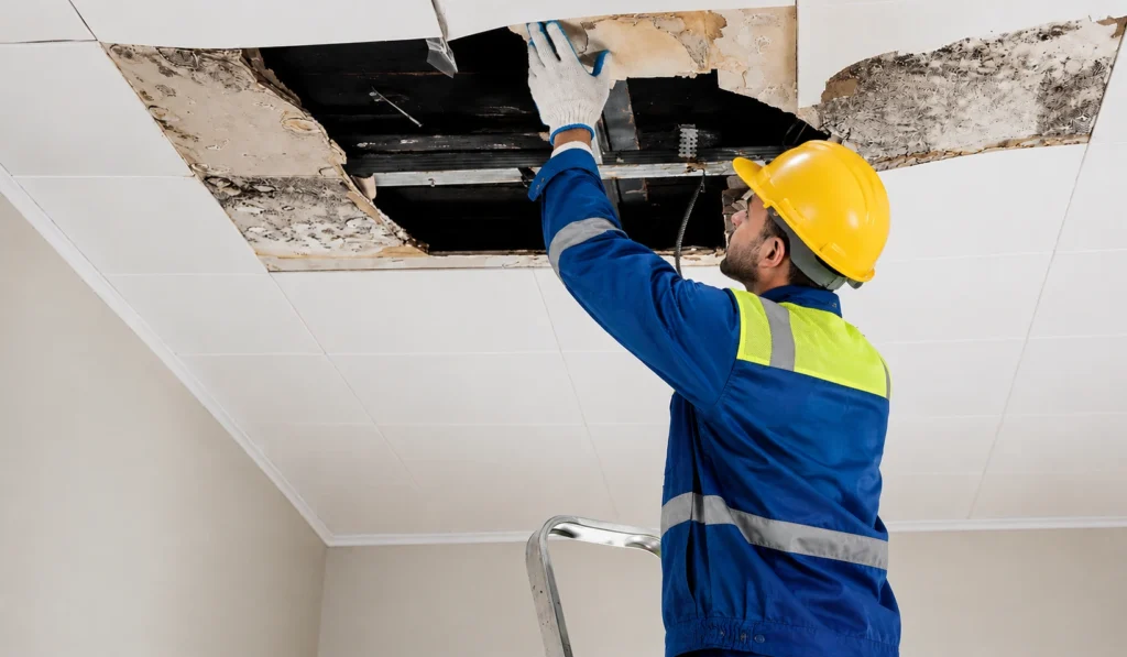 Housing Disrepair Liverpool – worker repairing water-damaged and mouldy ceiling