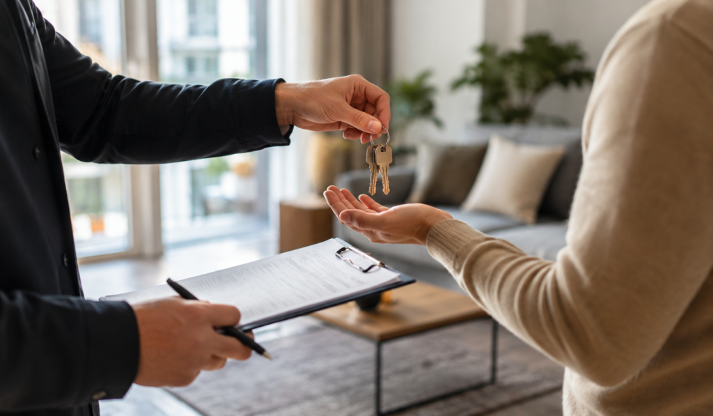 Property manager handing over keys to a landlord as part of property management Leeds