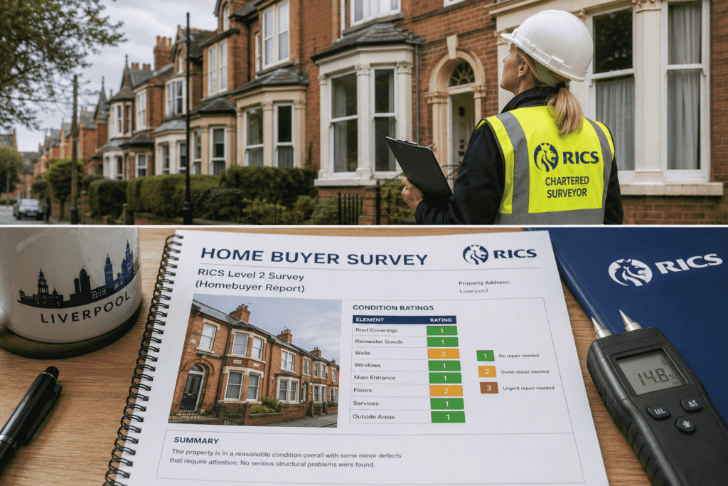 RICS chartered surveyor conducting a homebuyer survey on a Liverpool Victorian terraced house with a Level 2 homebuyer survey report.