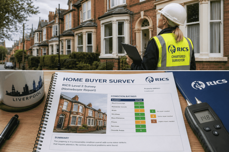 RICS chartered surveyor conducting a homebuyer survey on a Liverpool Victorian terraced house with a Level 2 homebuyer survey report.