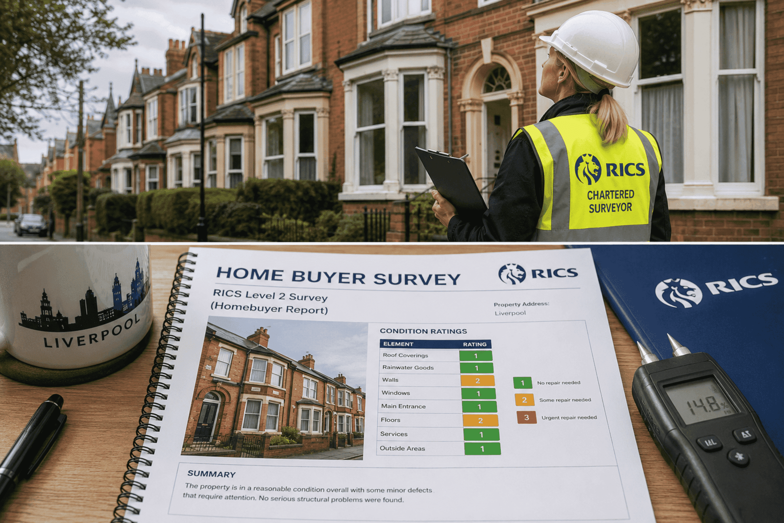 RICS chartered surveyor conducting a homebuyer survey on a Liverpool Victorian terraced house with a Level 2 homebuyer survey report.