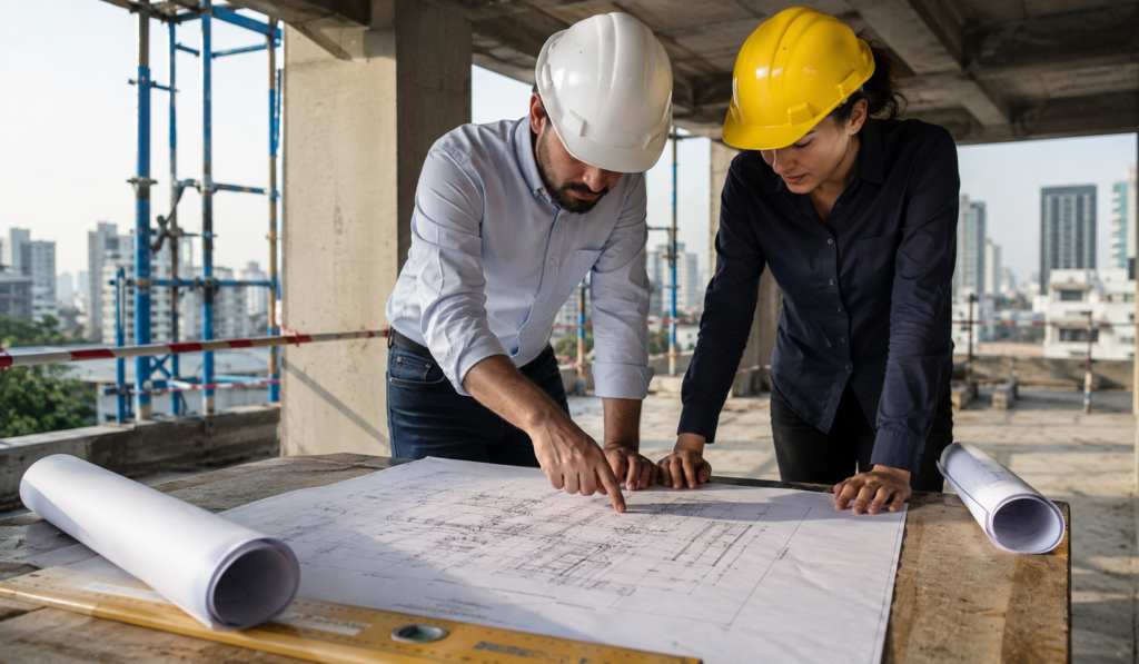 Structural engineers designing strong buildings 
