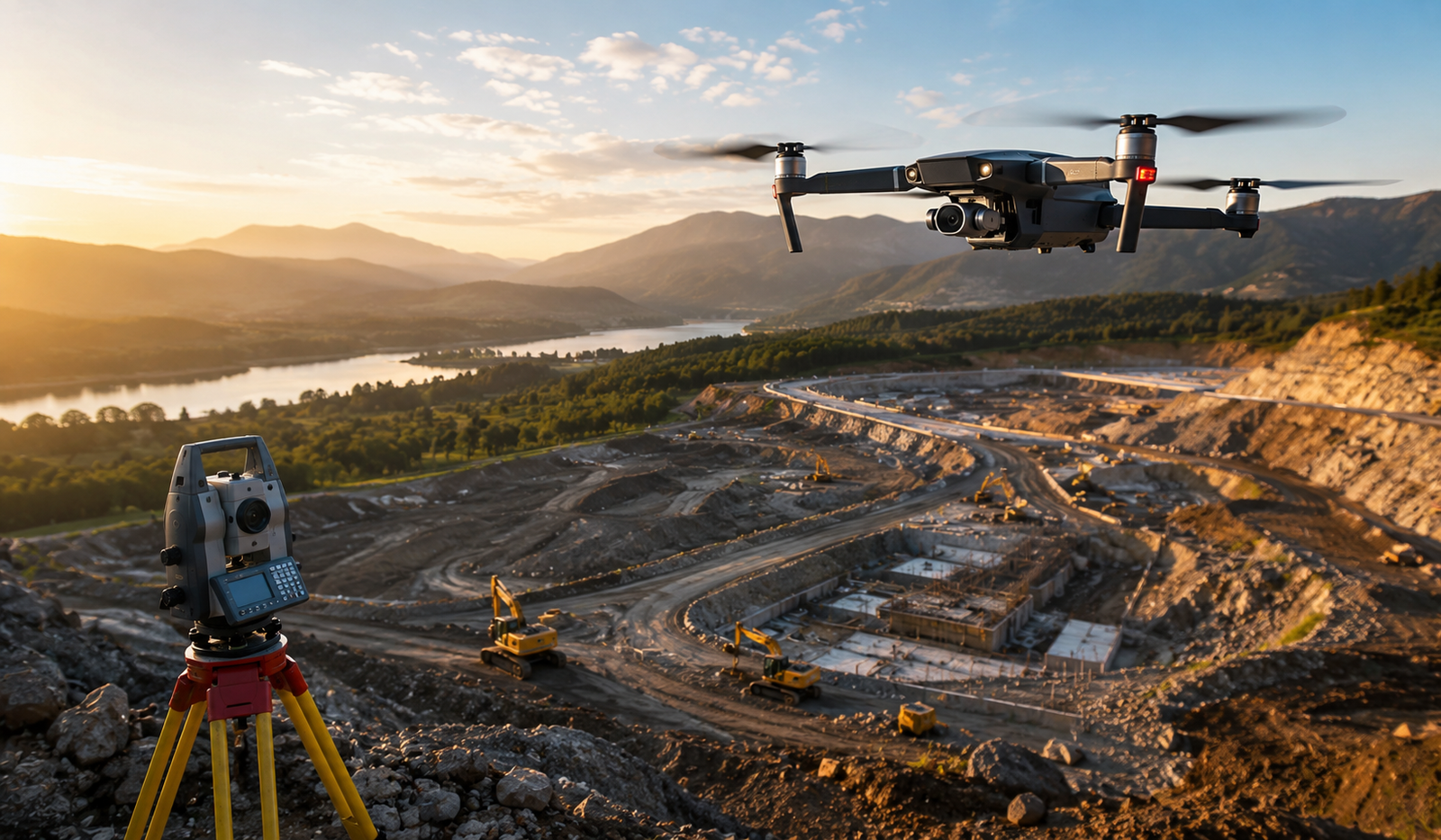 Drone surveying a large construction site at sunset