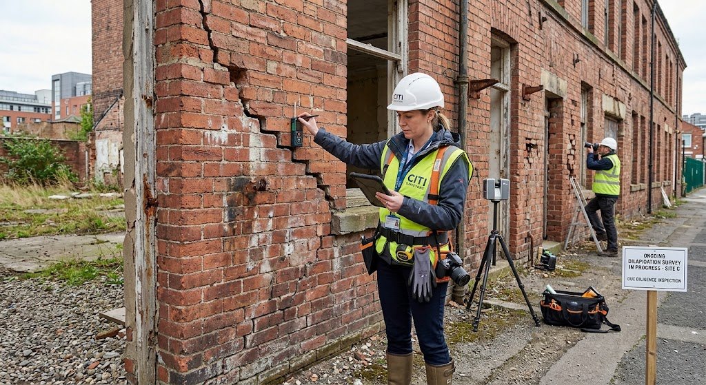 A surveyor documenting building defects during an ongoing dilapidation survey on a site visit.