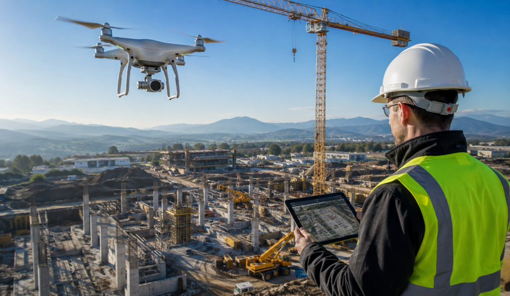 Drone surveying an active construction site