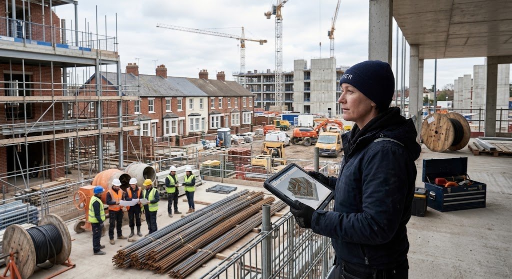 Professional employer’s agent holding a digital tablet while overseeing a UK construction site development.