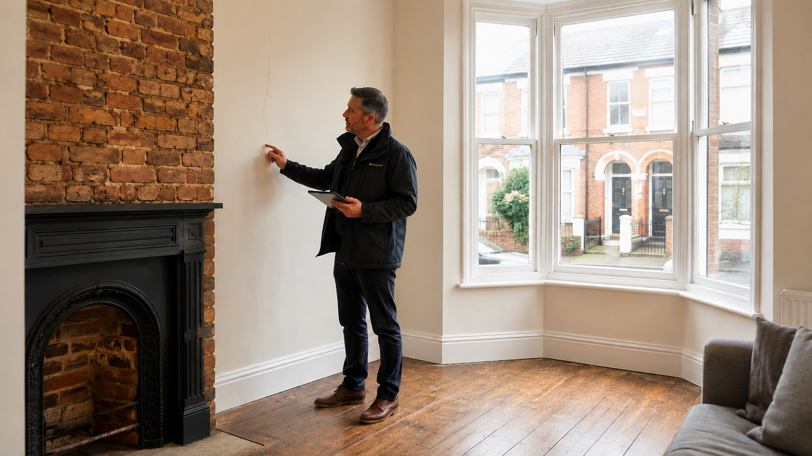 Homebuyer surveyor inspecting a wall crack in a Victorian terraced house in Liverpool,
