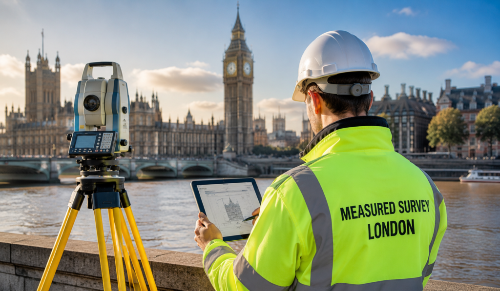 Measured Survey London professional using surveying equipment