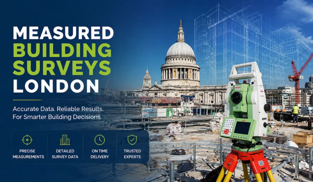 Surveyor conducting a measured building surveys London using laser scanning equipment