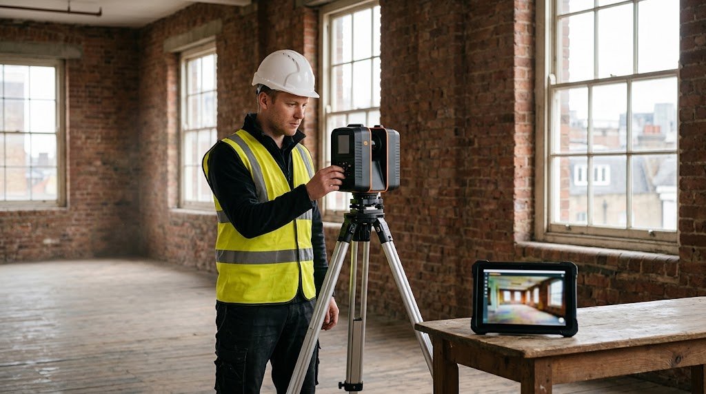 Surveyor using a 3D laser scanner for a measured building survey inside a London property