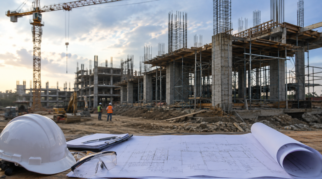 "Blueprints and hard hat at a structural engineering construction site