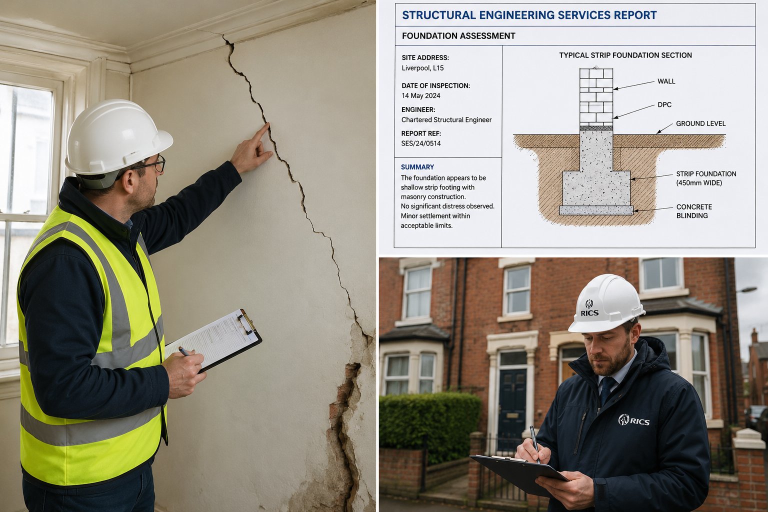 Structural Engineering Services inspecting a cracked wall during a residential structural survey in Liverpool.