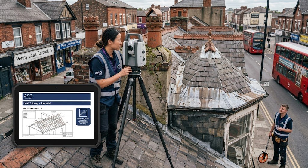 An ASG Consulting surveyor reviewing a Level 2 house surveyor report example on a tablet outside a Liverpool terraced home."