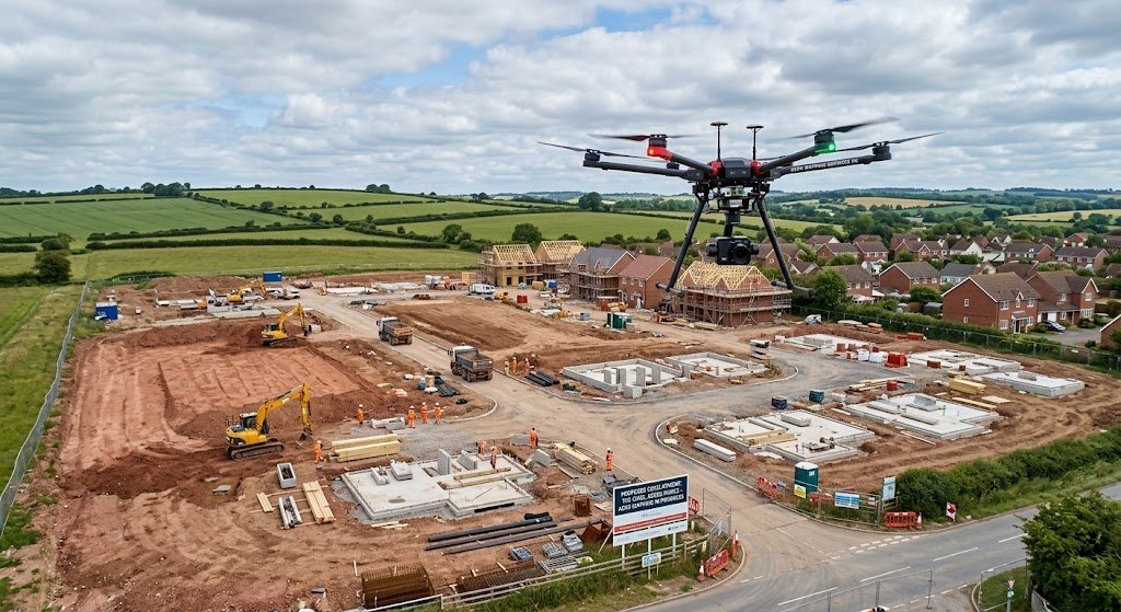surveying drone flying over construction site UK