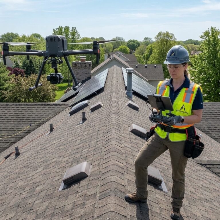 drone services technician inspecting a roof with UAV