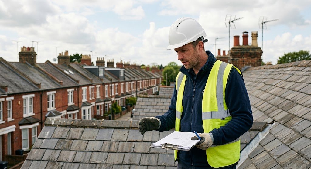 Surveyor conducting a building condition survey on a roof