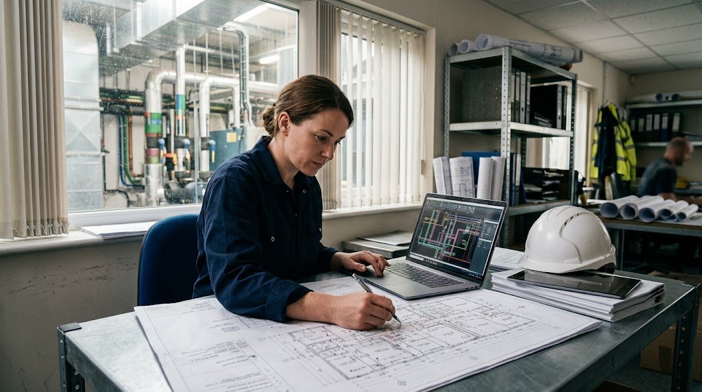 building services engineer reviewing HVAC and electrical design drawings
