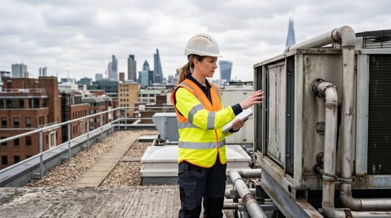 building services engineering HVAC and electrical systems in a commercial plant room