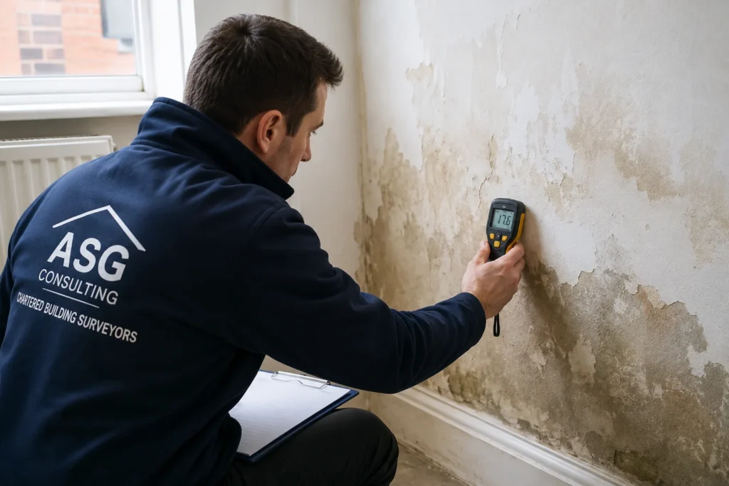 "Surveyor using a moisture meter during a House Disrepair Survey on an internal wall"