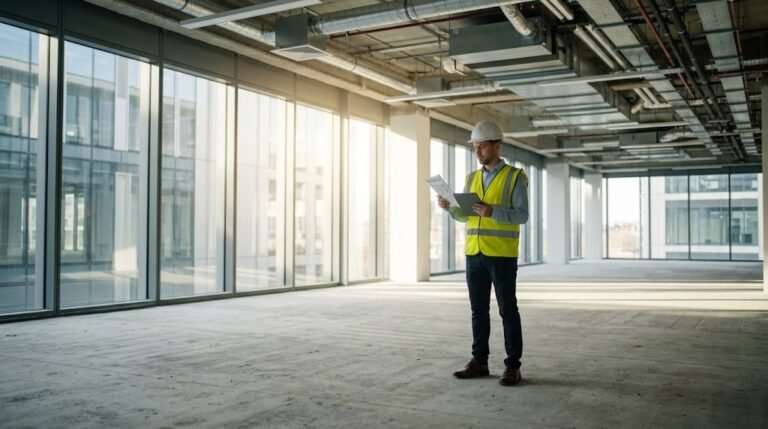 Professional building surveyor conducting a commercial dilapidations inspection inside a vacant office building.