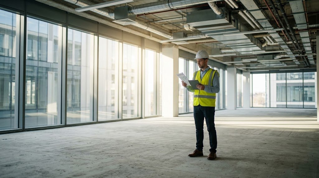 Professional building surveyor conducting a commercial dilapidations inspection inside a vacant office building.