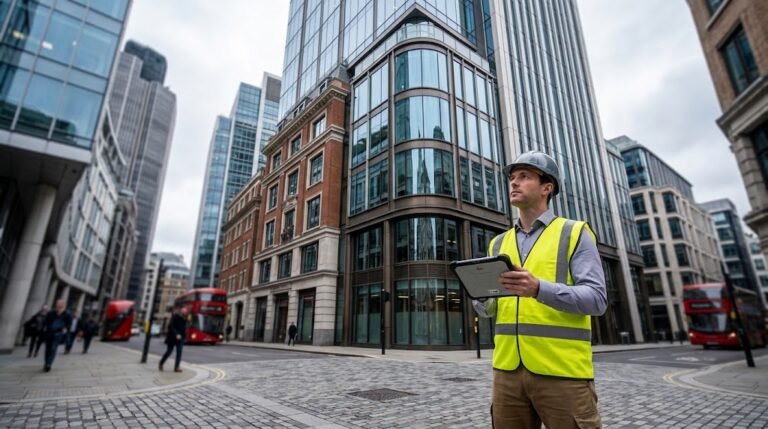 Surveyor carrying out a commercial property survey on a City of London office building