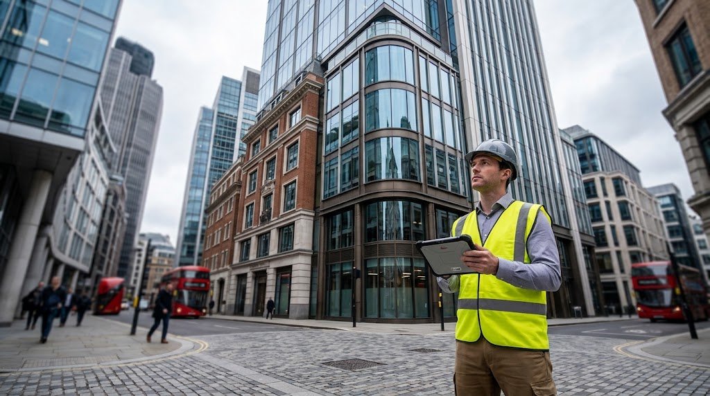 Surveyor carrying out a commercial property survey on a City of London office building