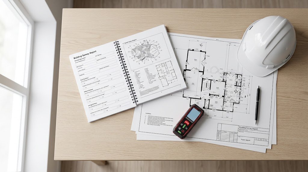 Commercial property survey report, floor plans and measuring tape on a desk