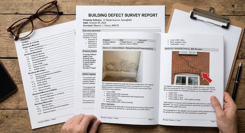 Open building defect survey report displaying sections on damp and cracking on a desk.