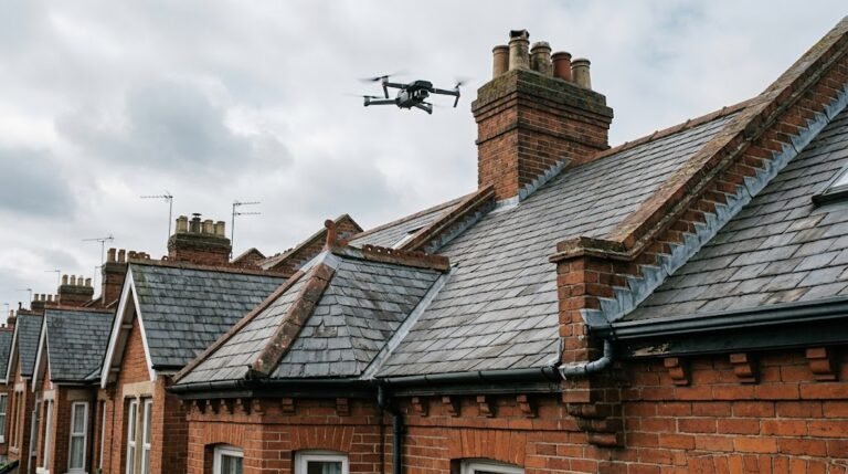 Survey drone hovering above a terraced house roof during a drone roof inspection
