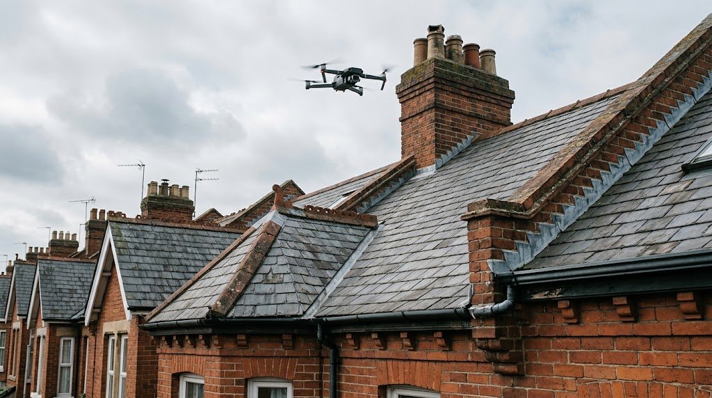 Survey drone hovering above a terraced house roof during a drone roof inspection