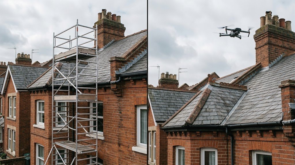 Scaffolding on one side and a drone on the other, comparing a drone roof inspection with a traditional survey
