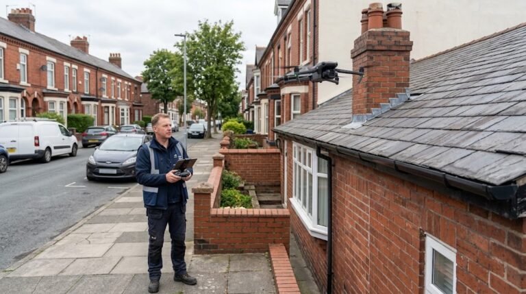 Drone roof survey in Merseyside with surveyor inspecting residential property