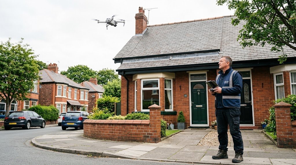 Drone survey cost in Merseyside – surveyor inspecting a residential roof