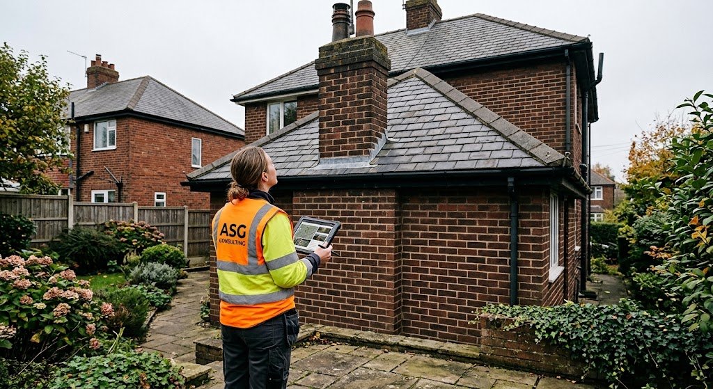 Surveyor looking up at a chimney stack and roof tiles during a house inspection