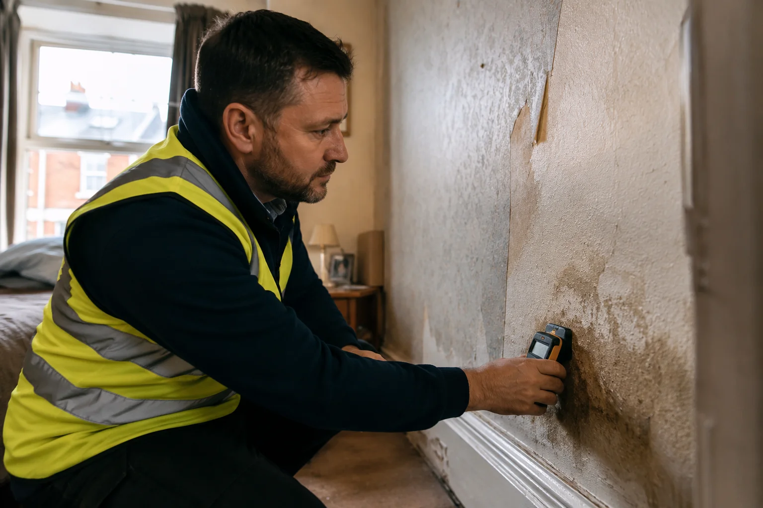 "Surveyor using a moisture meter during a House Disrepair Survey on an internal wall"
