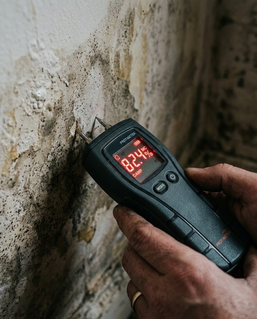 "A surveyor holding a digital meter pressed into a water-stained, moldy plaster wall showing a high red percentage reading during a house disrepair survey."