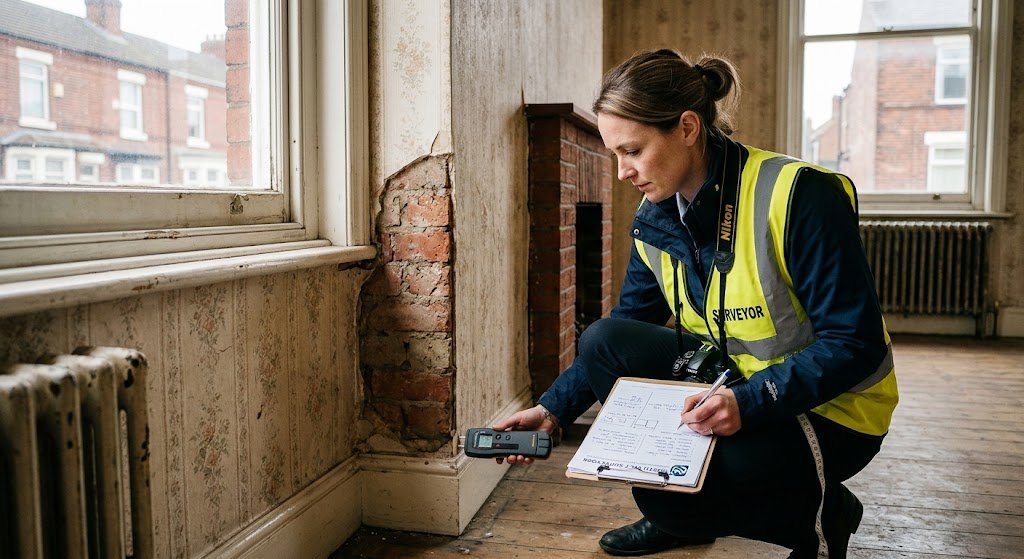 "Surveyor conducting a house disrepair survey Merseyside inspection using a moisture meter"