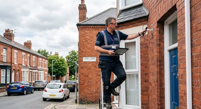 "ASG Consulting property surveyor conducting a building inspection on a Liverpool street.