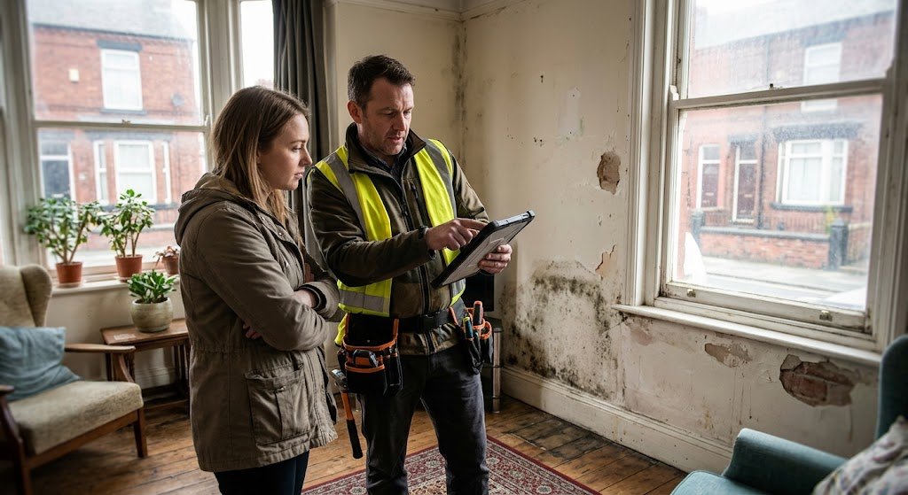 A building surveyor pointing to survey data on a tablet while speaking with a tenant inside a Liverpool Victorian house featuring visible damp and wall damage near a window.