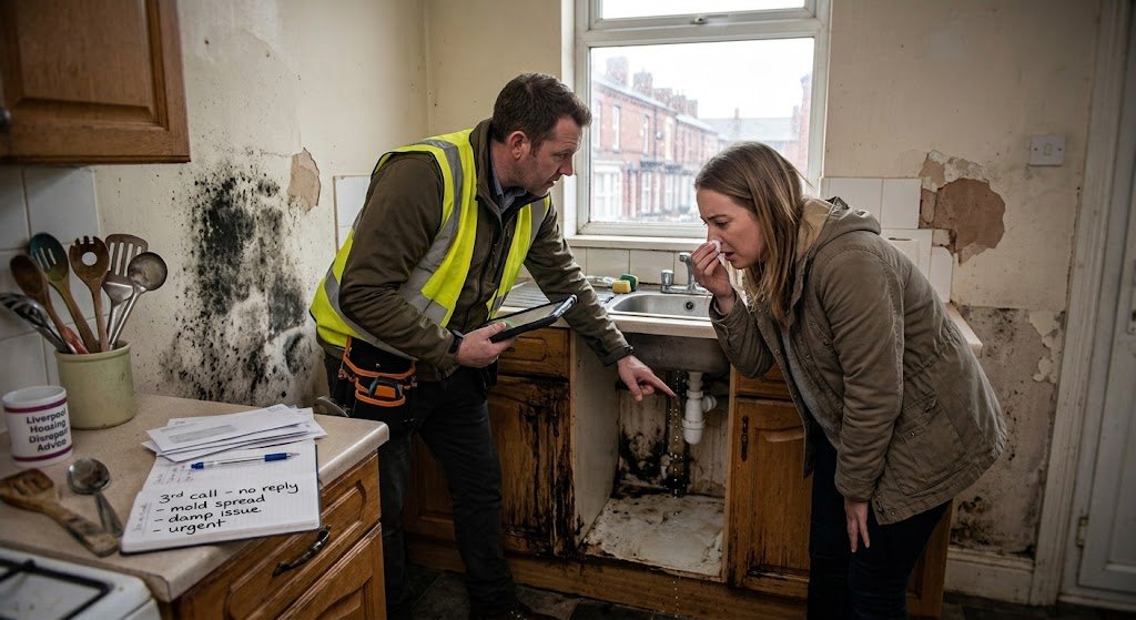 A building surveyor pointing out a water pipe leak and mould damage under a kitchen sink to a tenant inside a Liverpool home.